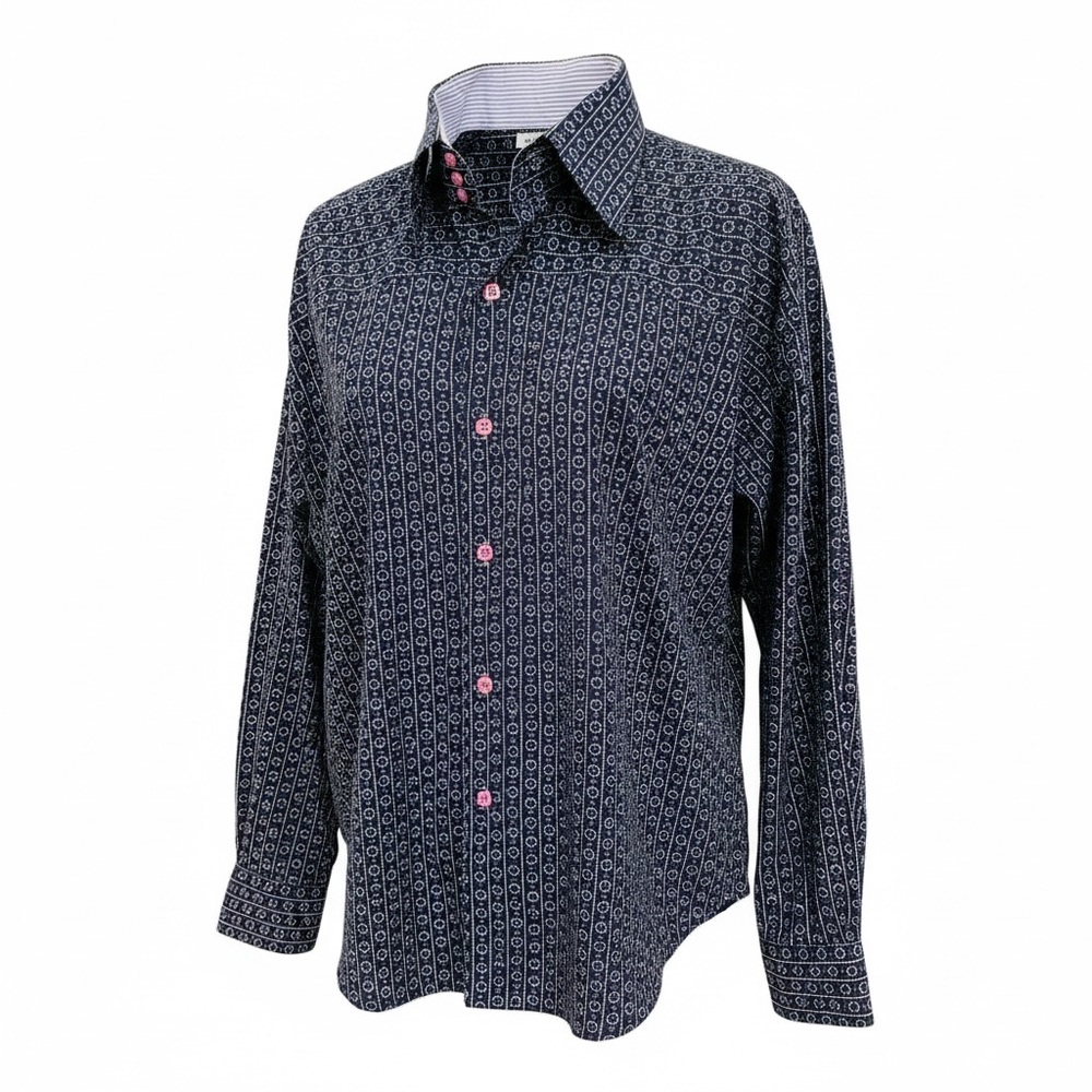 Bogosse Men's Navy Patterned Dress Shirt Button Down with Pink Buttons Size 7